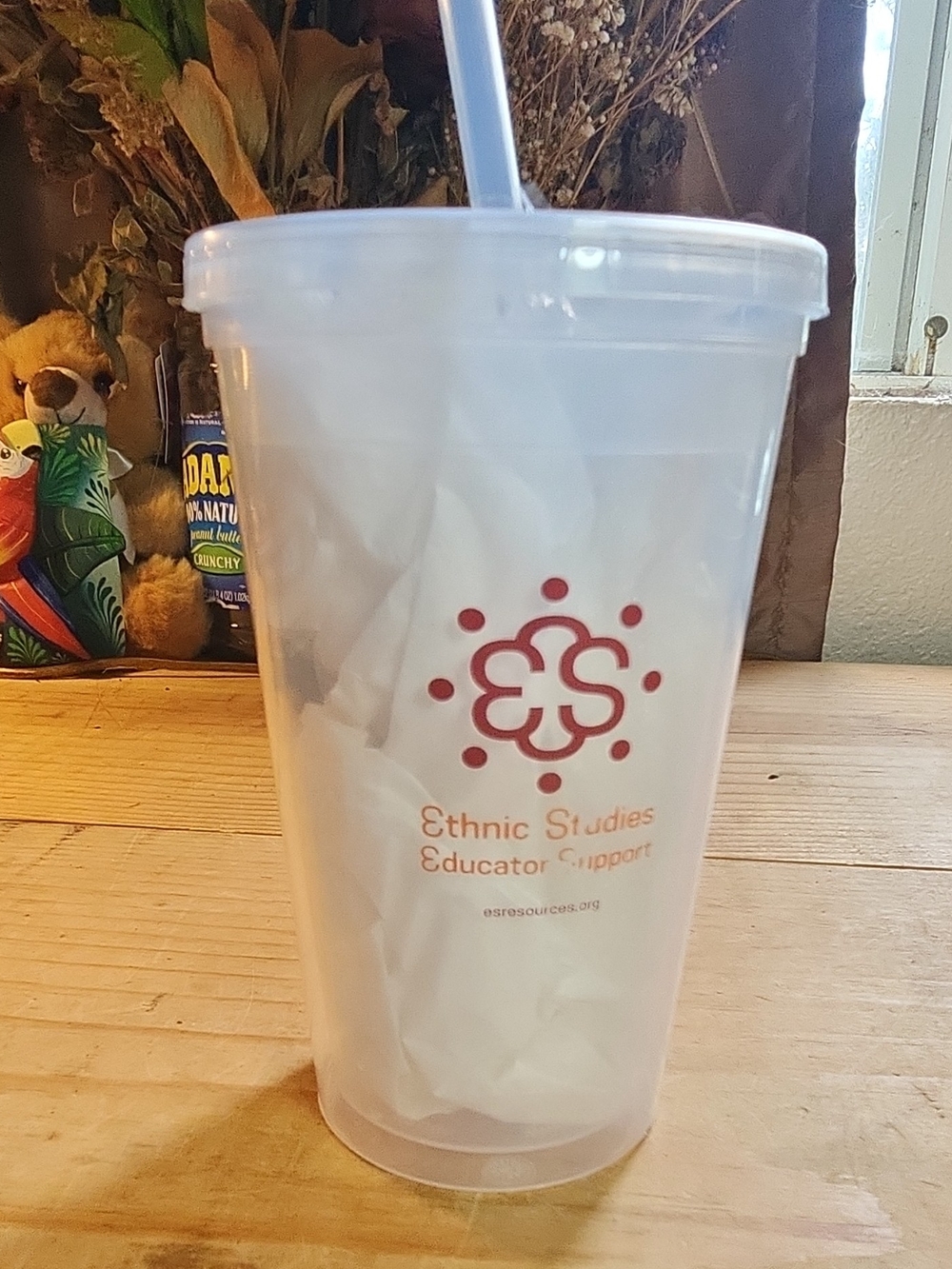 Clear Plastic Tumbler Cup, Lid & Straw, Ethnic Studies Educator Support Logo